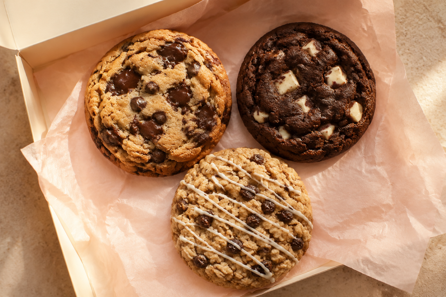 Three Grace & Crumb cookies arranged on blush parchment